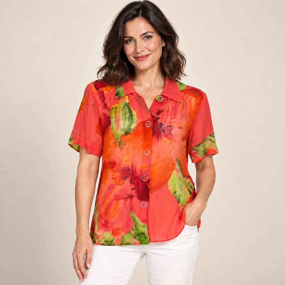 Carole Little Vintage 90s Watercolor Floral Rayon Blouse Coral Button Front 10